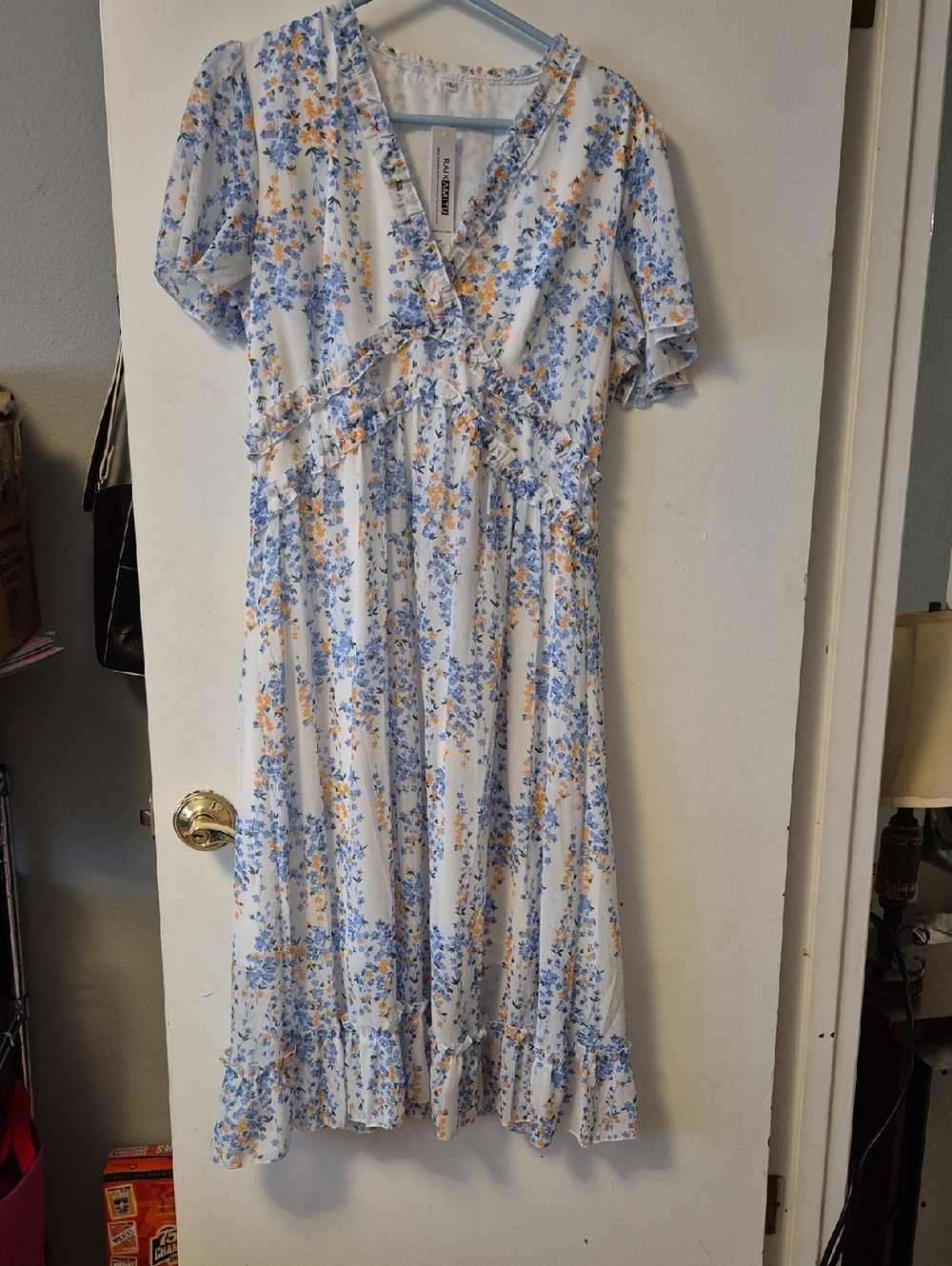 Women's Blue and Yellow Floral V-Neck Midi Dress